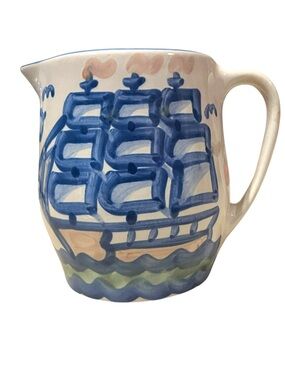 M A Hadley Pottery Pitcher Nautical Ship Blue White Handmade USA VTG “Low Tide”
